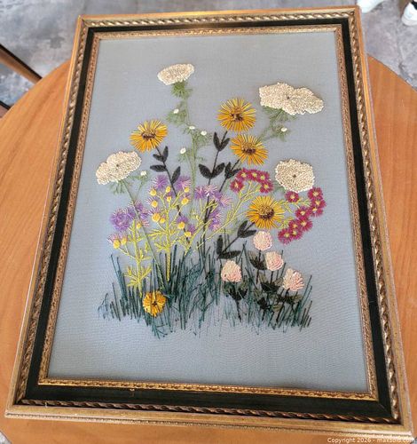 Large Vintage Framed Flower Embroidery Picture  (1 of 3)