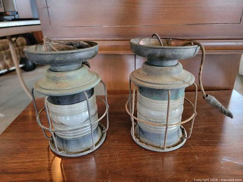 Vintage Copper Maritime Lanterns (2) Glass Encased w/ Metal Wire Electric Ship (1 of 4)