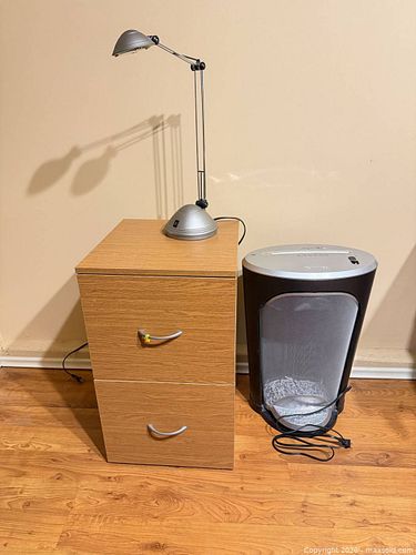 Lot: 2-Drawer Light Oak File Cabinet, Metal Desk Lamp & Shredder (1 of 13)