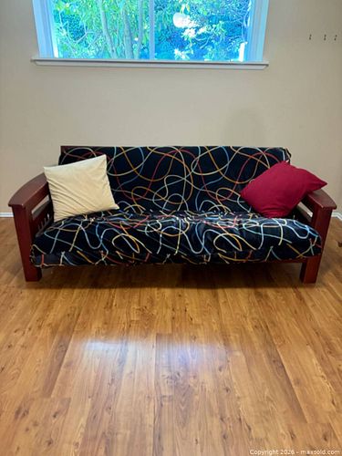 Wood-Frame Full Futon Sofa Bed with Multicolor Swirl Cover (1 of 16)