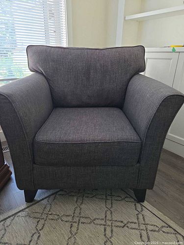 Dark Gray Contemporary Fabric Armchair with Dark Wood Legs (1 of 6)