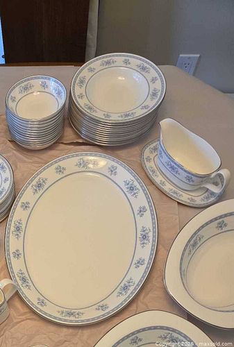 Royal Daulton Porcelain Dinnerware Set with Blue Floral Border & Silver Rim (1 of 8)