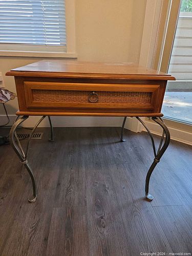 Rustic Industrial Side Table with Solid Wood Top & Wicker Panel (1 of 7)