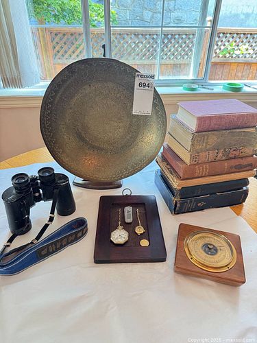 Mixed Estate Lot: Brass Bowl, Vintage Books, Binoculars, Watches, Barometer (1 of 10)