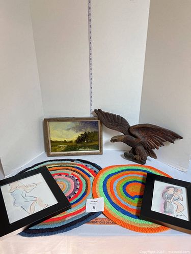 Lot: Framed Artworks, Carved Wooden Eagle & Crocheted Mats- D (1 of 14)