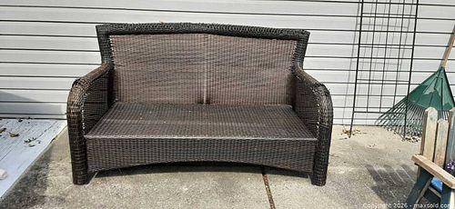Dark brown wicker loveseat (1 of 10)