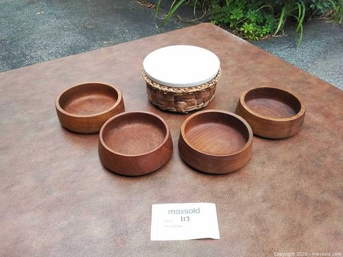 Set of 4 Wooden Bowls with Woven Basket and White Lid (1 of 3)