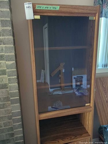 Wood veneer display cabinet with glass door and brass hardware (1 of 10)