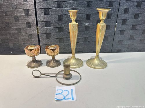 Evans Candlesticks & Chamberstick Lot, Brass/Silver Plated 5 pieces (1 of 8)