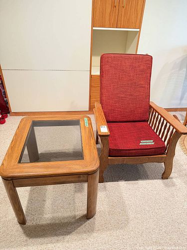 Red Upholstered Oak Reclining Armchair & Glass/Wood Side Table (1 of 15)