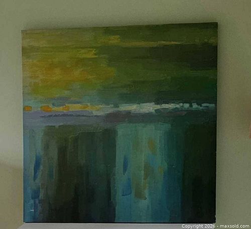 Large 3x3' Acrylic Abstract Contemporary Portrait Painting in Green, Blue, Yellow (1 of 1)