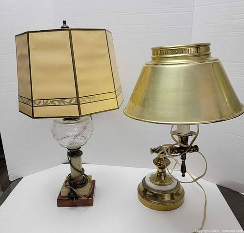 Pair of vintage decorative table lamps. 1 brass-tone desk lamp, 1 cut glass/marble (1 of 11)