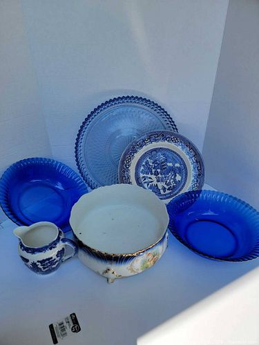 Vintage Cobalt Blue Glass and Blue/White Floral Transferware Decor Lot (1 of 13)