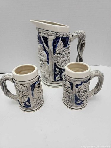 Vintage German-Style Relief Beer Stein Pitcher and Matching Mug Set -3 Pieces (1 of 6)