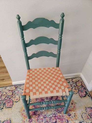 Vintage Teal Painted Ladderback Chair with Woven Checkered Shaker Tape Seat (1 of 5)