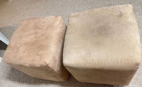 Pair of Beige Microfiber Ottoman Poufs, 16" Square (1 of 4)