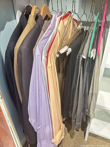 LARGE MEN’s FINE CLOTHING: Lot of Blazers/Suit Jackets; sweater;  Dress Shirts; & pants (1 of 11)
