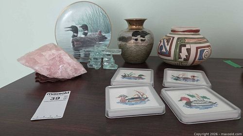 Mixed Decorative Lot: Rose Quartz, Glass, Ceramic, Embroidered Coasters (1 of 13)