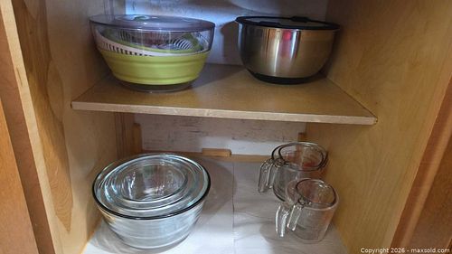 Mixed kitchen bowls, glass measuring cups, salad spinner (1 of 11)