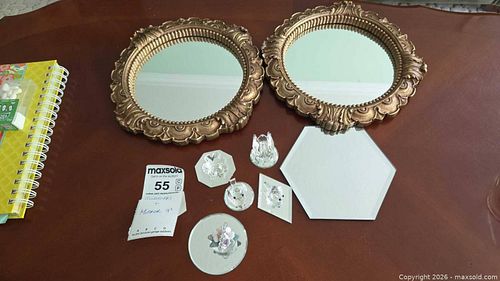Ornate Gold Round Mirrors with Glass Figurines & Hexagon Tile (1 of 10)