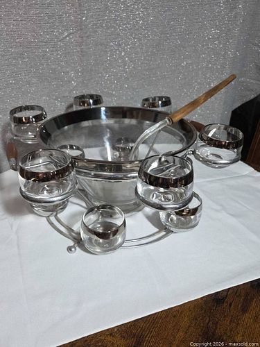 MCM Glass Punch Bowl Set with Metal Stand, Ladle & 12 Cups (1 of 5)