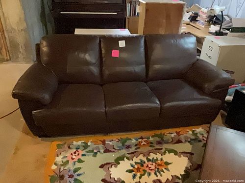 Brown Leather 3-Seater Sofa, Solid Dark Wood Coffee Table & Rug (1 of 11)