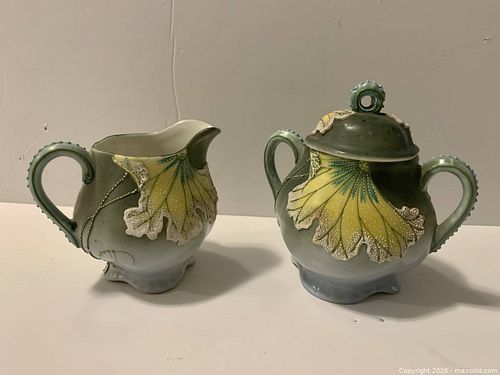 Art Nouveau Ceramic Sugar & Creamer Set, Leaf Floral Motif (1 of 3)