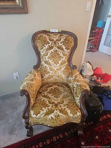 Victorian Traditional Carved Wood Armchair with Velvet & Tapestry (1 of 8)