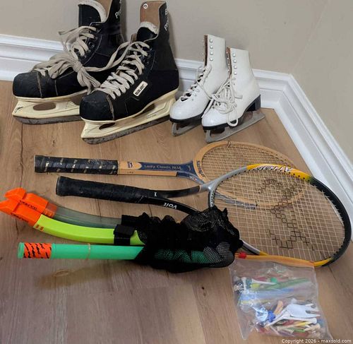 Mixed Sports Equipment Lot: Skates, Rackets, Snorkels, Golf Tees (1 of 14)