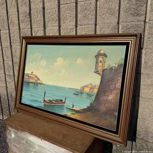 Vintage European Coastal Harbour Oil on Canvas Painting    (1 of 7)