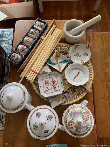 Sushi plates, chopsticks, sake cups, lidded mugs Asian chinoiserie porcelain (1 of 12)