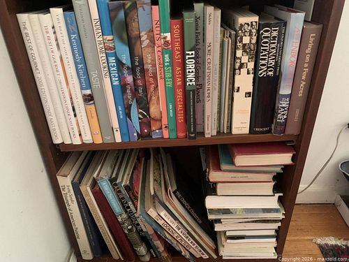 Two shelves of vintage books orchids painting gourmet and travel (1 of 8)
