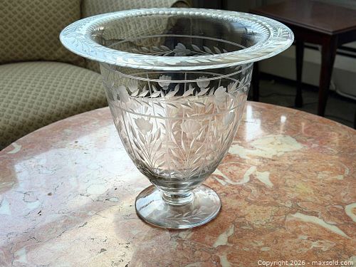 Large Vintage Hand-Engraved Crystal (or Fine Engraved Glass) Footed Urn Vase – Floral & Leaf Pattern (1 of 6)