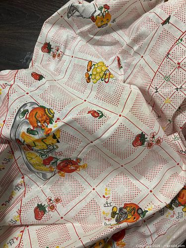 Vintage Cotton Fruit & Check Fabric Remnant Large Tablecloth missing chunks (1 of 3)