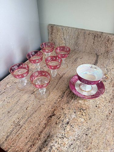 Pink Cranberry Cordial & Teacup/Saucer Set with Gold Gilt (1 of 7)