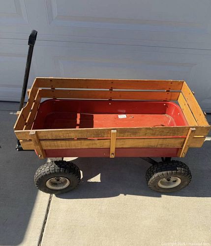 Red Metal Utility Wagon with Wooden Side Slats (1 of 3)