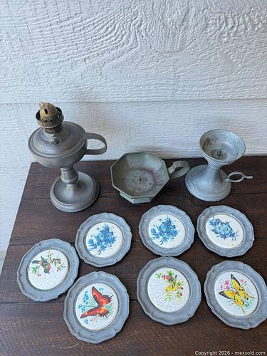 Vintage Decorative Metalware Set — Coasters, Candlestick & Oil Lamp (1 of 5)