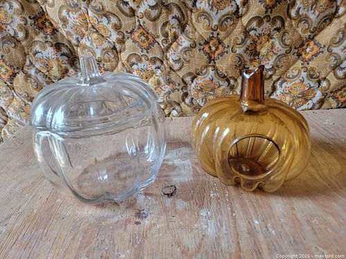 Glass Pumpkin Lot (2) Candleholder & Candy Jar (1 of 3)