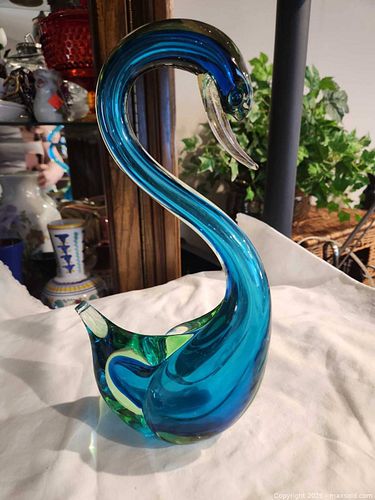 Blue Teal Green Glass Swan Sculpture, Mid-Century Modern Murano (1 of 8)