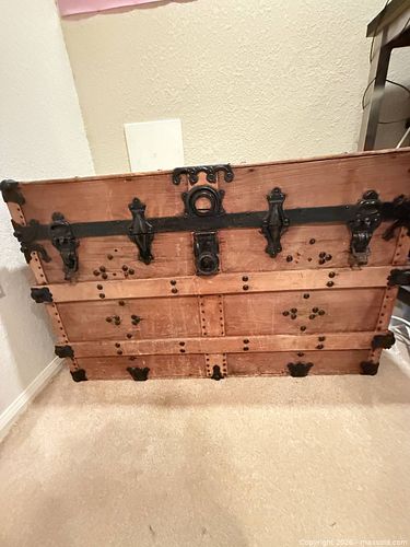 Large Wood Steamer Trunk with Black Trim & Decorative Hardware (1 of 7)