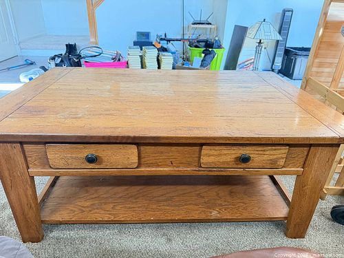 Solid Oak Rustic Mission Coffee Table with Drawer and Shelf (1 of 4)