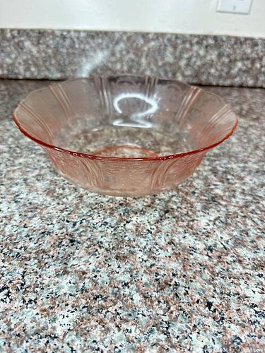 Pink Pressed Glass Bowl with Floral/Scroll Embossed Pattern, 9" (1 of 5)