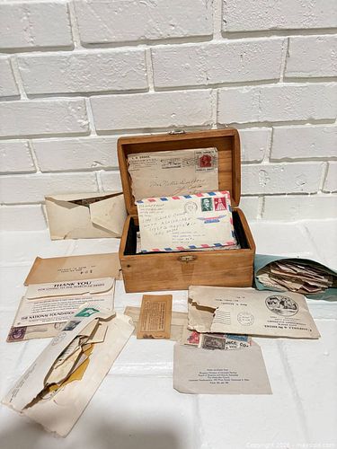 Vintage ephemera and stamps in small wooden keepsake box (1 of 12)