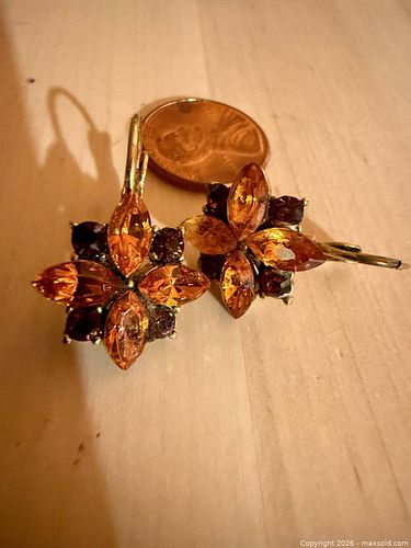 Gold-Tone Floral Cluster Lever-Back Earrings with Orange Rhinestones (1 of 2)