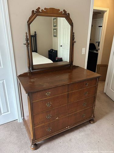 Brown Wood Dresser with Attached Mirror, 4 Drawers (1 of 10)