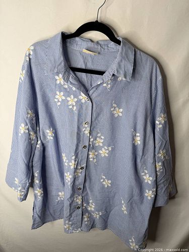 Alfred Dunner Blue & White Striped Floral Cotton Blouse, Size L (1 of 5)