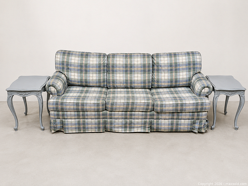 French Provincial Upholstered cotton sleeper Sofa with Two Painted End Tables (1 of 16)