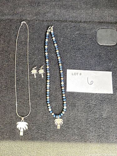 Sterling Silver Necklace & Earrings with Blue Beads, Palm Motif (1 of 6)