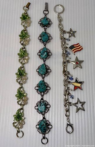 Lot of 3 Bracelets - Vintage leaf & pearl, Charm, Turquoise-like  (1 of 3)