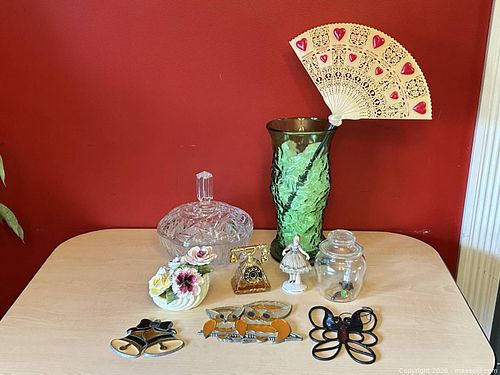 Decorative Glassware & Vintage Lot: Candy Dish, Vase, Figurine (1 of 20)